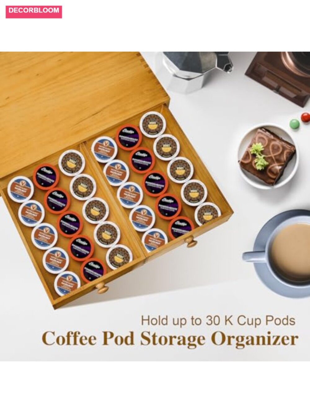 Wood K Cup and Tea Bag Storage Organizer, 2-Drawer Coffee Pod Holder - Picture 3 of 6